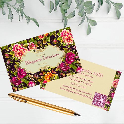 Chic Pink Roses Floral QR Code Business Card