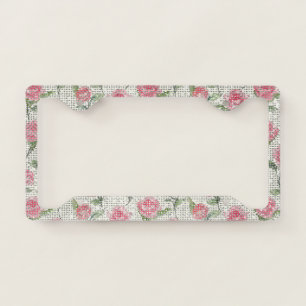 Chic Pink Roses Floral Sparkle License Plate Frame