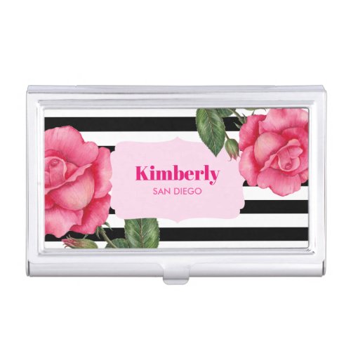 Chic Pink Roses Floral Watercolor Stripes Pattern Business Card Case