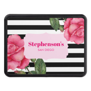 Chic Pink Roses Floral Watercolor Stripes Pattern Hitch Cover