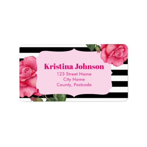 Chic Pink Roses Floral Watercolor Stripes Pattern Label