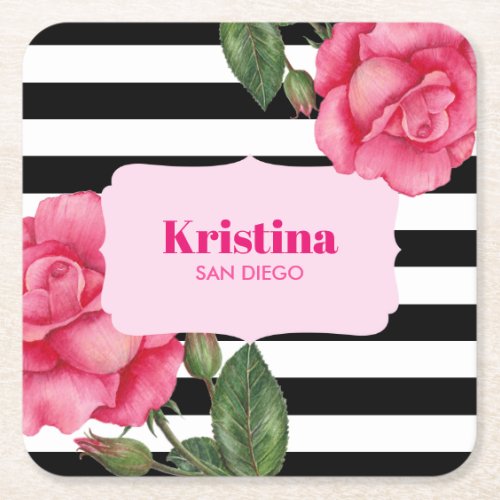Chic Pink Roses Floral Watercolor Stripes Pattern Square Paper Coaster