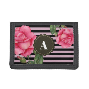 Chic Pink Roses Floral Watercolor Stripes Pattern Trifold Wallet