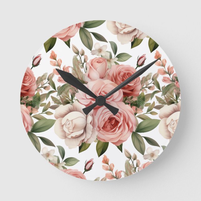 Chic Pink Roses Flowers Floral Clock (Front)