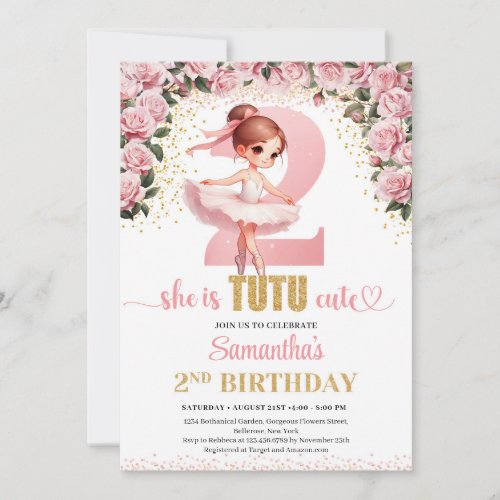 Chic pink roses gold ballerina girl 2nd birthday invitation