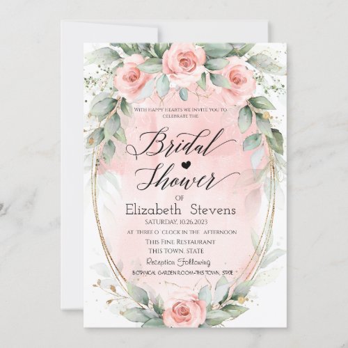 Chic Pink Roses Gold Frame Script Bridal Shower   Invitation