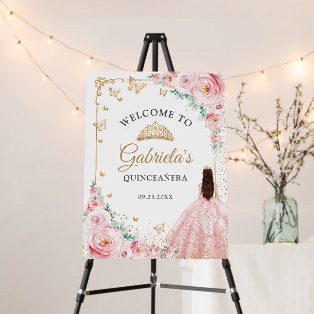 Chic Pink Roses Gold Quinceanera Welcome Foam Board (In Situ (Stand))