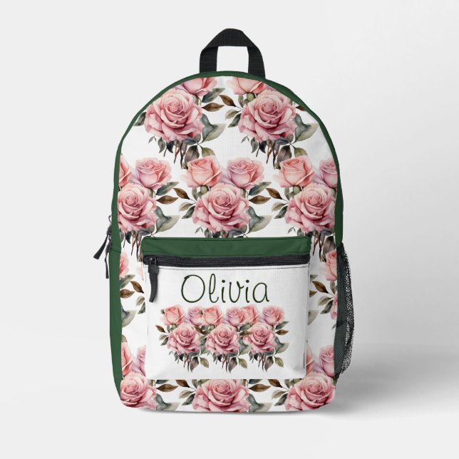 Chic Pink Roses Printed Backpack (Front)