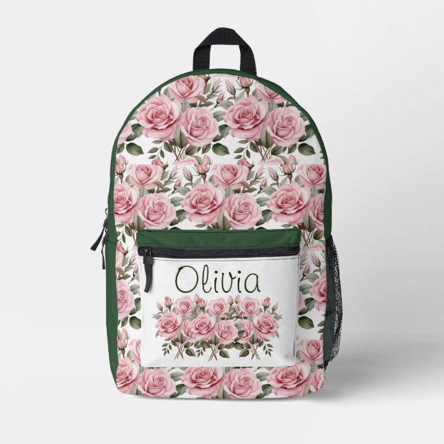 Chic Pink Roses Printed Backpack (Front)