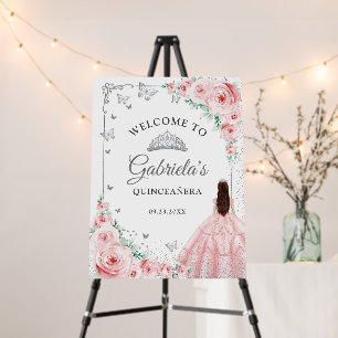 Chic Pink Roses Silver Quinceanera Welcome Foam Board