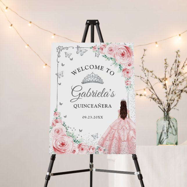 Chic Pink Roses Silver Quinceanera Welcome Foam Board (In Situ (Stand))