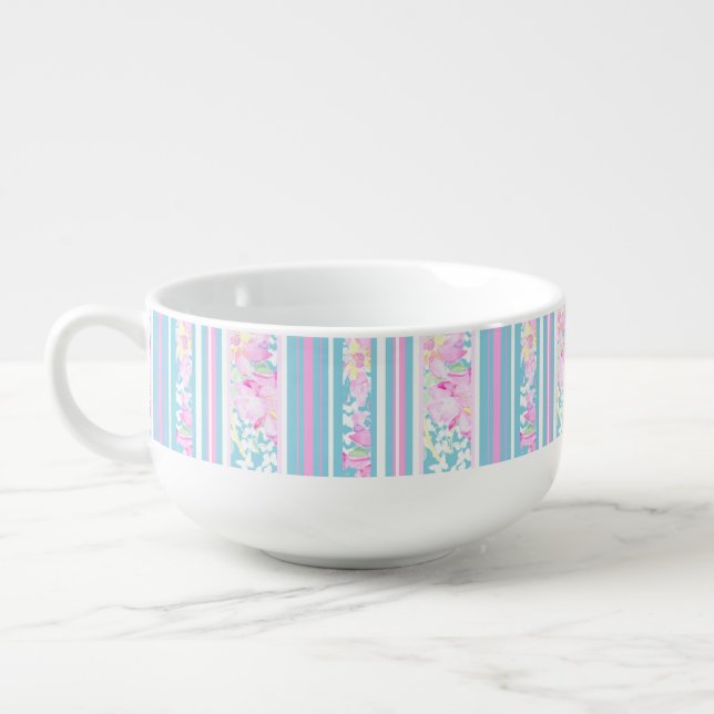 Chic Pink Roses Stripes Faux Patchwork Soup Mug (Right)