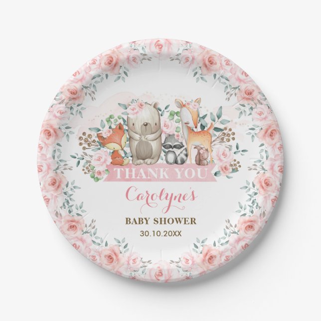Chic Pink Roses Woodland Baby Shower Girl Birthday Paper Plates (Front)