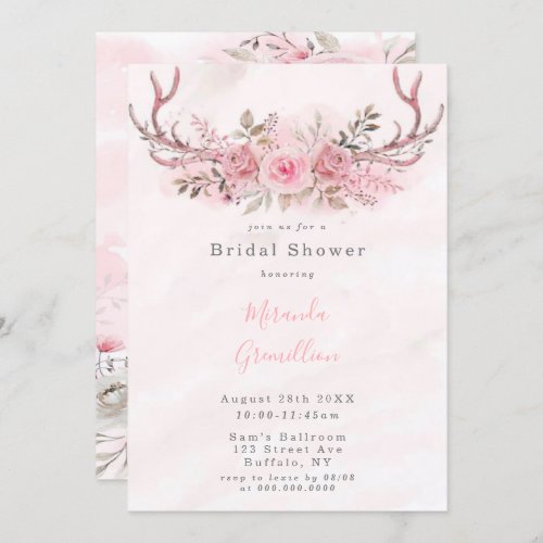 Chic Pink Sage Peony Deer Antlers Bridal Shower Invitation