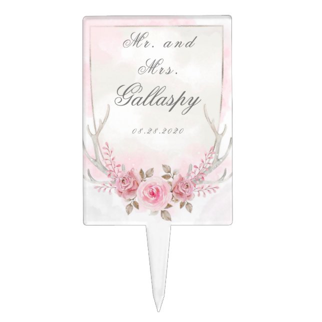 Chic Pink Sage Peony Deer Antlers Wedding Cake Topper (Front)