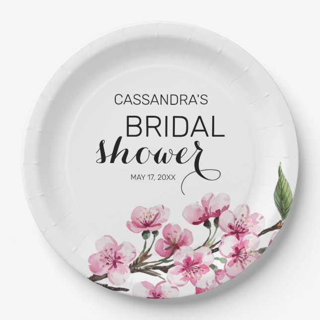 Chic Pink Sakura Floral Botanical Bridal Shower  Paper Plates (Front)