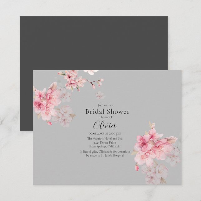 Chic Pink Sakura Flowers on Gray Bridal Shower Invitation (Front/Back)