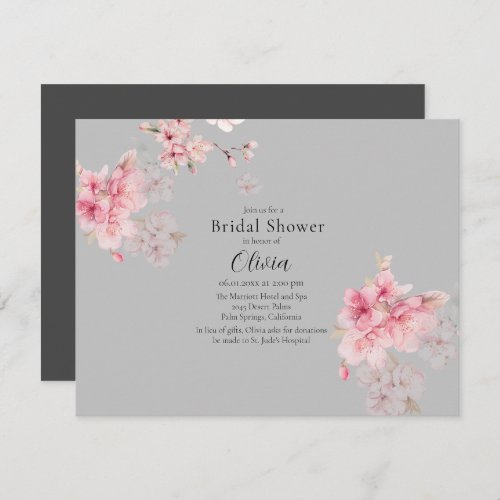 Chic Pink Sakura Flowers on Gray Bridal Shower Invitation