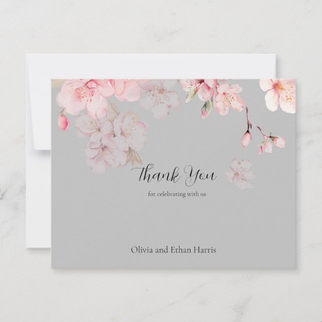 Chic Pink Sakura Flowers on Gray Thank You Card (Front)