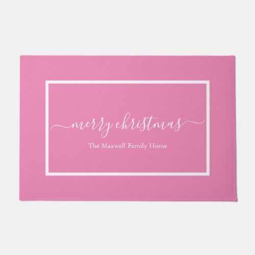 Chic pink script family name Merry Christmas  Doormat