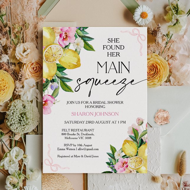 Chic Pink She Found Main Squeeze Bridal Shower Invitation (Lemon Bridal Shower Invitation Template, Pink Floral Lemon Bridal Shower Invitation, Main Squeeze)