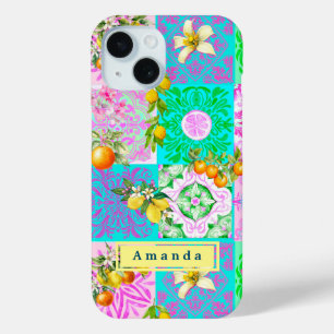 Chic pink sicilian citrus collage floral tiles iPhone 15 case
