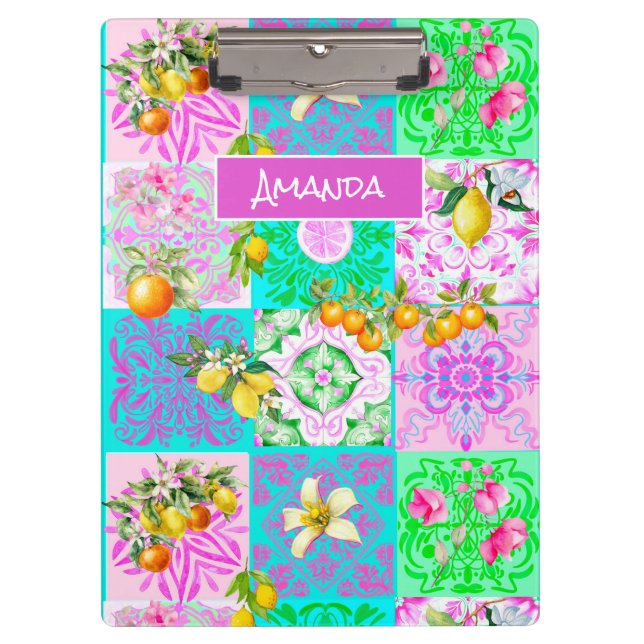 Chic pink sicilian citrus collage floral tiles clipboard (Front)