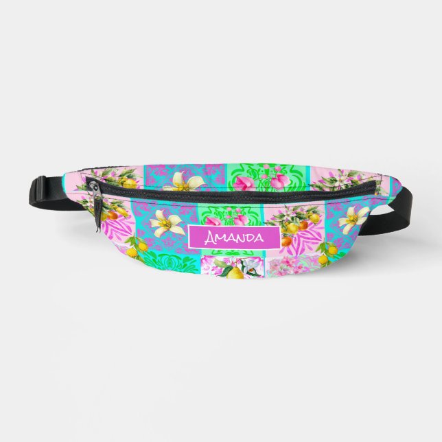 Chic pink sicilian citrus collage floral tiles fanny pack (Front)