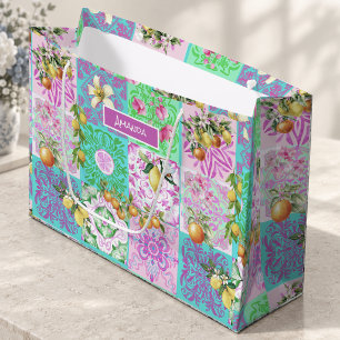 Chic pink sicilian citrus collage floral tiles large gift bag