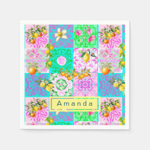 Chic pink sicilian citrus collage floral tiles napkins