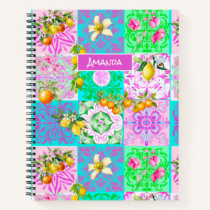 Chic pink sicilian citrus collage floral tiles notebook