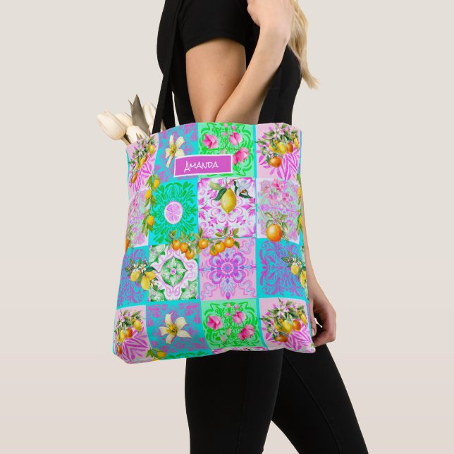 Chic pink sicilian citrus collage floral tiles tote bag (Close Up)