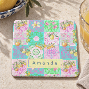 Chic Pink Sicilian Citrus Floral Majolica Tile Stone Coaster