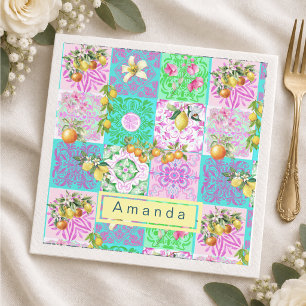 Chic Pink Sicilian Citrus Floral Tile Collage Napkins