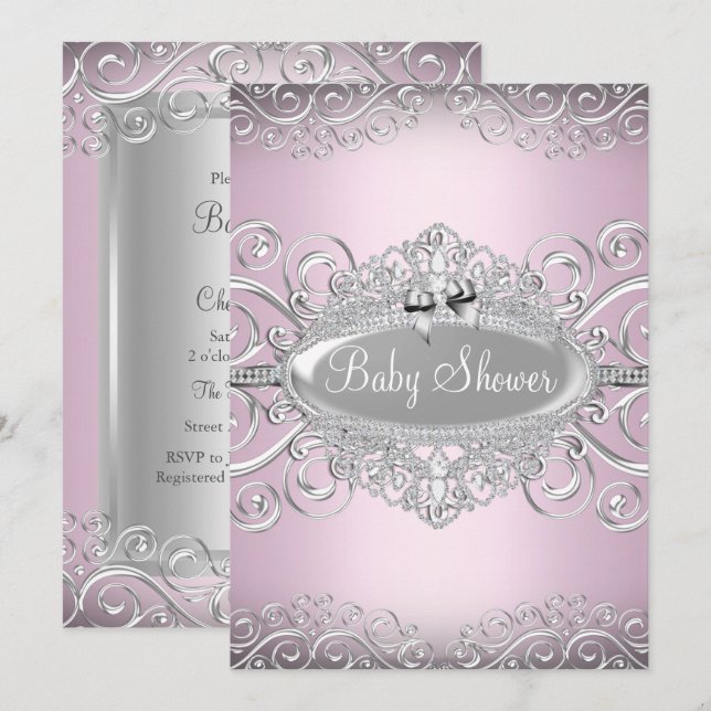 Chic Pink & Silver Damask Princess Baby Shower Invitation (Front/Back)