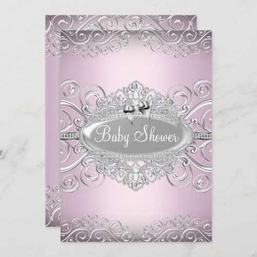 Chic Pink  Silver Damask Princess Baby Shower Invitation