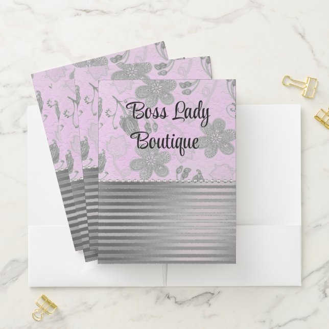 Chic Pink Silver Floral Boss Lady Personalized  Pocket Folder (In Situ)