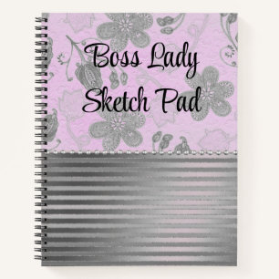 Chic Pink Silver Floral Boss Lady Sketch Custom Notebook