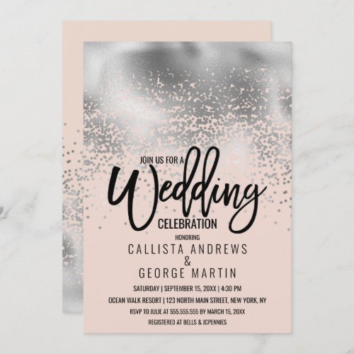 Chic Pink Silver Foil Confetti Ombre Wedding Invitation