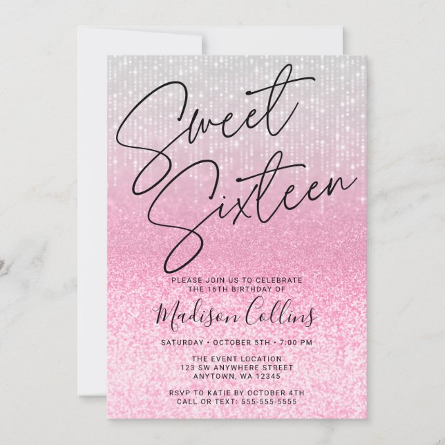 Chic Pink Silver Glitter Sweet 16 Invitation (Front)