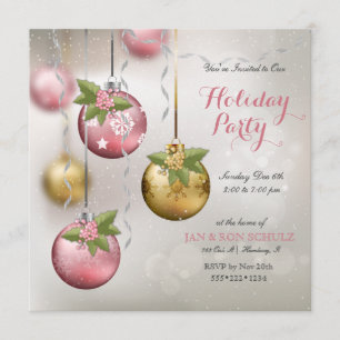 Chic Pink Silver Gold Ornaments Holly Glittery Invitation