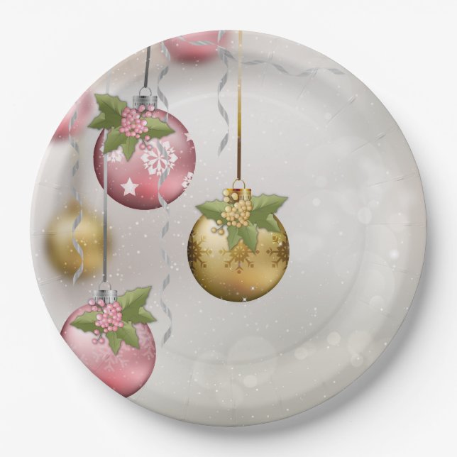 Chic Pink Silver Gold Ornaments Holly Glow Paper Plates (Front)
