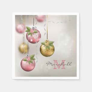 Chic Pink Silver Gold Ornaments Monogram Napkins