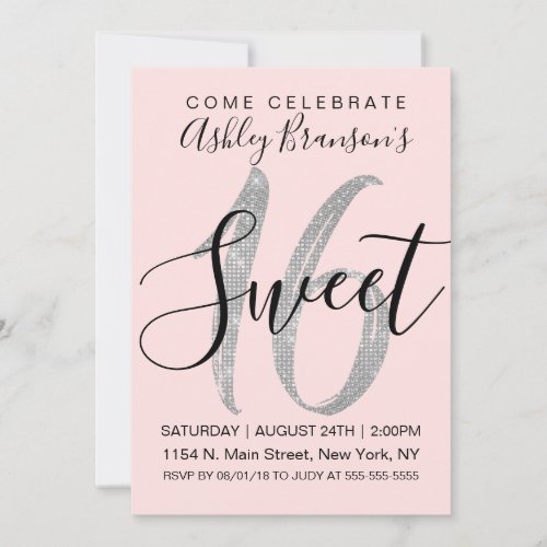Chic Pink Silver Sequin Glitter Sweet 16 Invitation