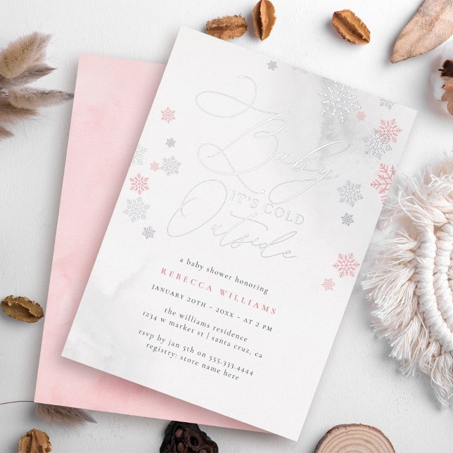 Chic Pink & Silver Snowflakes Winter Baby Shower Foil Invitation (Creator Uploaded)