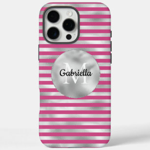 Chic Pink Silver Stripes Monogram iPhone 16 Pro Max Case