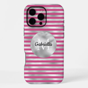 Chic Pink Silver Stripes Monogram iPhone 16 Pro Max Case