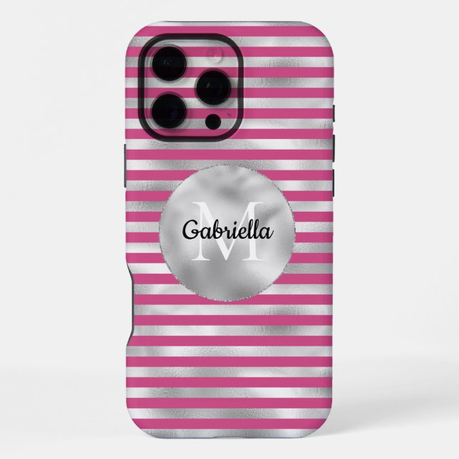 Chic Pink Silver Stripes Monogram Iphone Case (Back)