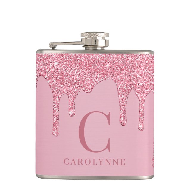Chic Pink Sparkle Glitter Drips Monogram Flask (Front)