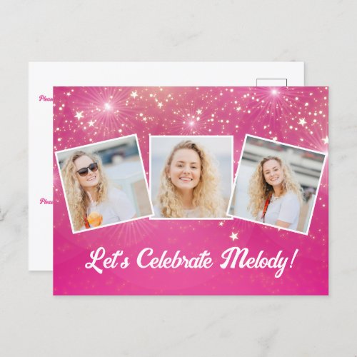 Chic Pink Sparkle Photo Collage Birthday Party Invitation Postcard